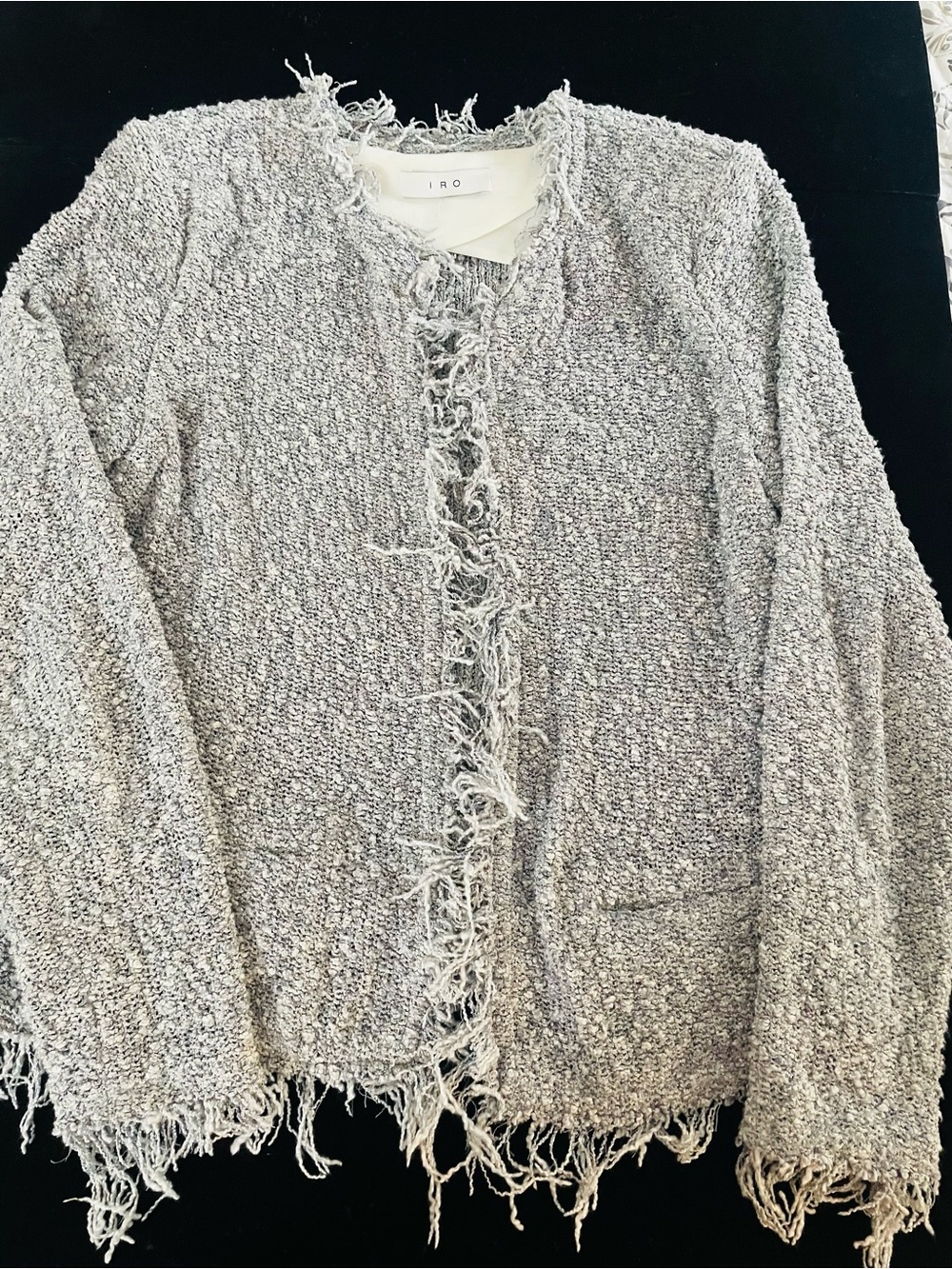 IRO Light Gray Frayed Bouclé Cardigan Jacket